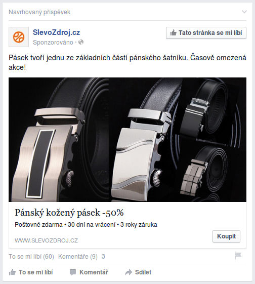 Příklad produktové reklamy na Facebooku