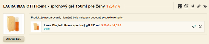 Príklad výpisu nespárovaného tovaru i s kandidátom v aplikácii Mergado Watchdog