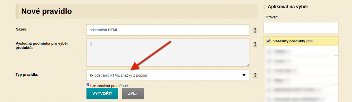 Pravidlo odstrániť HTML značky