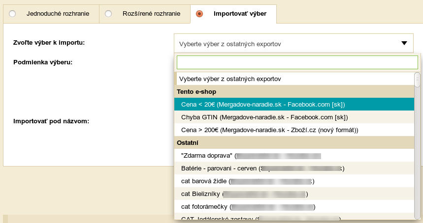 Priorita aktuálneho e-shopu pri importe výberov