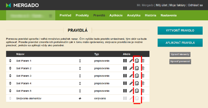 Stránka pravidel s novou funkcí Duplikovat pravidlo.