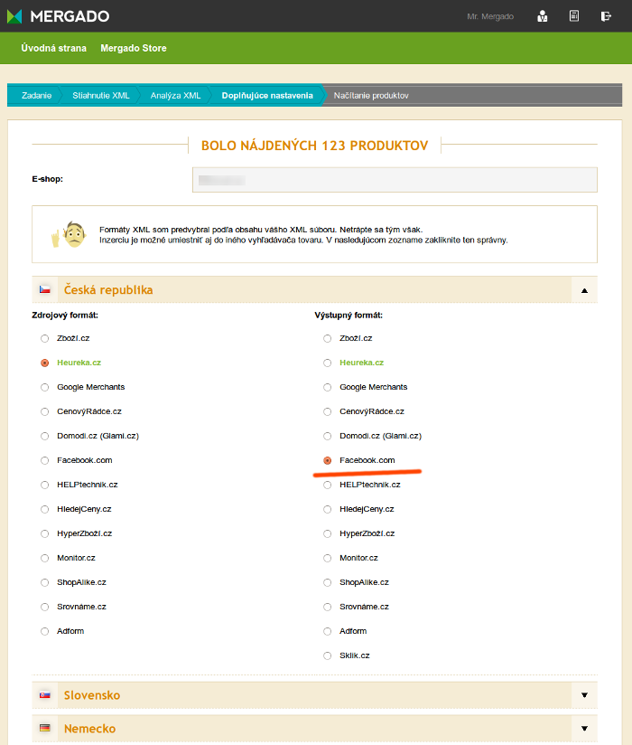 Zakládání Facebook exportu pro e-shop v Mergadu