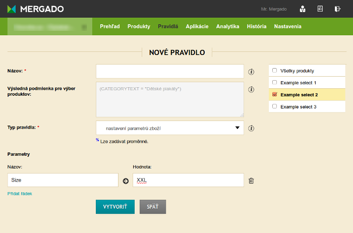 Náhled pravidla pro tvorbu parametrů