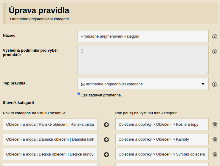 Hromadná úprava kategórií pomocou pravidla