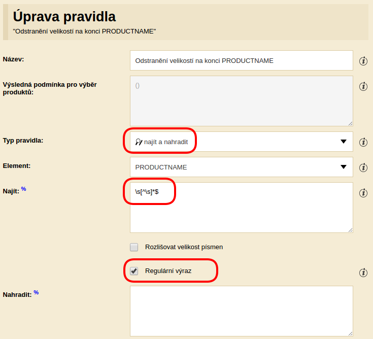 Pravidlo Nájsť a nahradiť s pomocou regulárneho výrazu