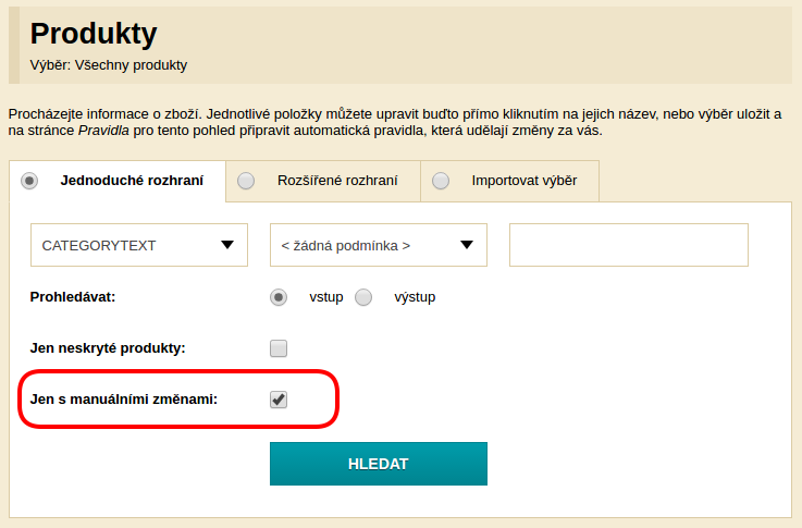 Vyhľadať iba produkty s manuálnymi zmenami