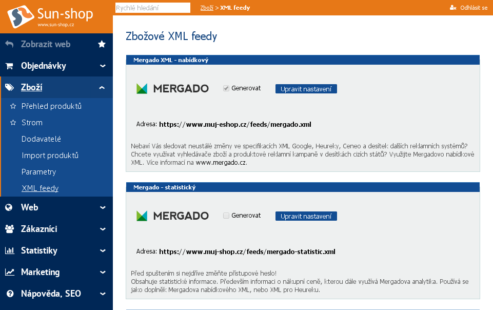 Sun-shop administrácia a Mergado produktové XML