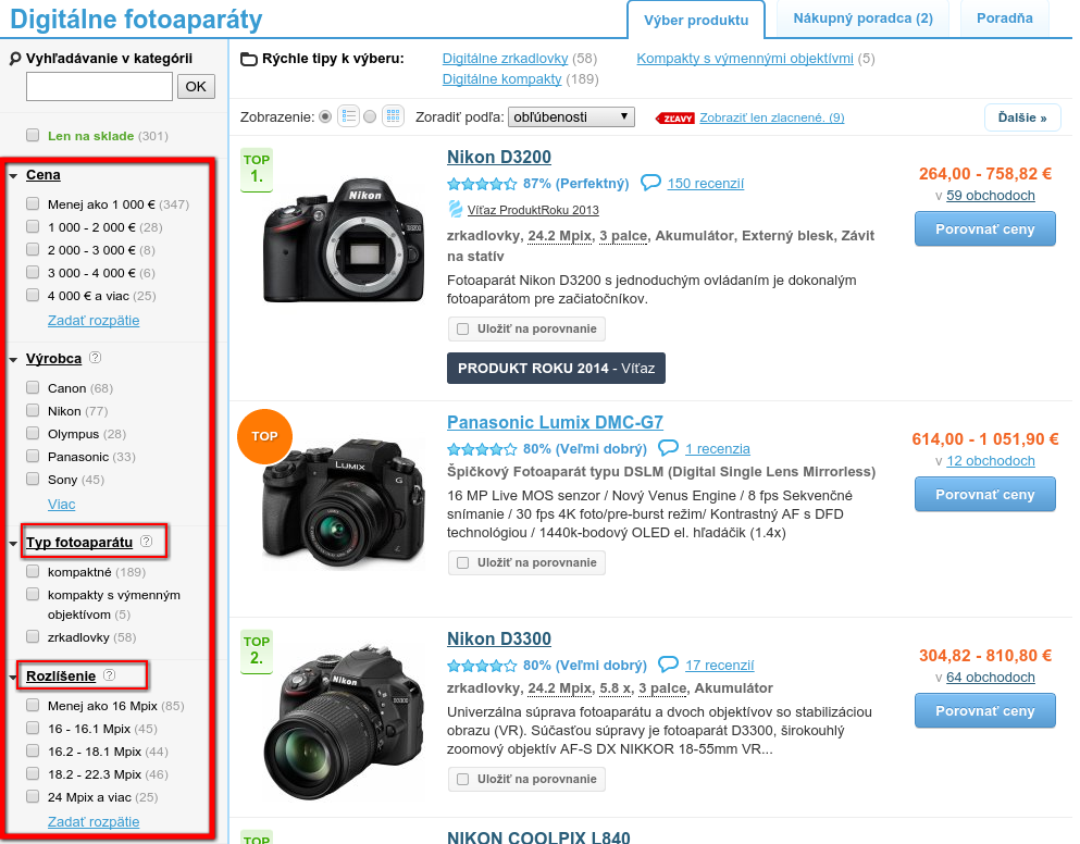 Ukážka parametrov v kategórii Digitálne fotoaparáty